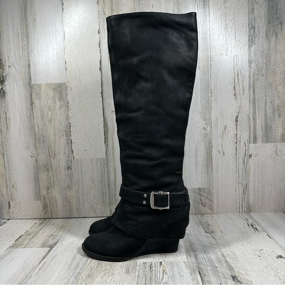 Vince Camuto Alician Leather Black Wedge Heels Buckle Knee High Boots #1299 - Picture 1 of 12